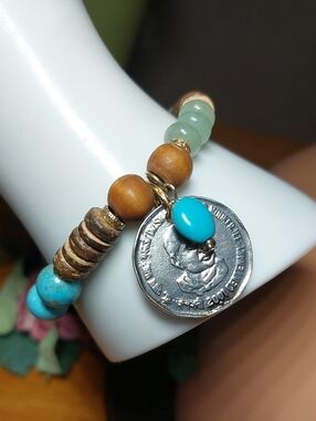 Envious Stretch Bead Bracelet Coin Turquoise Wood